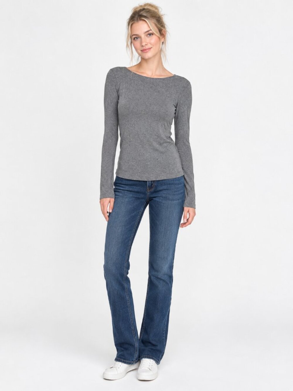 2/$30 Tahari Bateau Neck Long Sleeve Cotton Tee Heather Gray #A4298